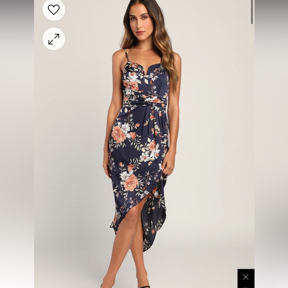 Lulus My Favorite Day Navy Blue Floral Print Tulip Skirt Midi Dress